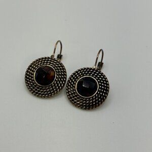 D-21 Vintage Round Drop Earrings Brown Gemstone with Rope Texture Metal Frame